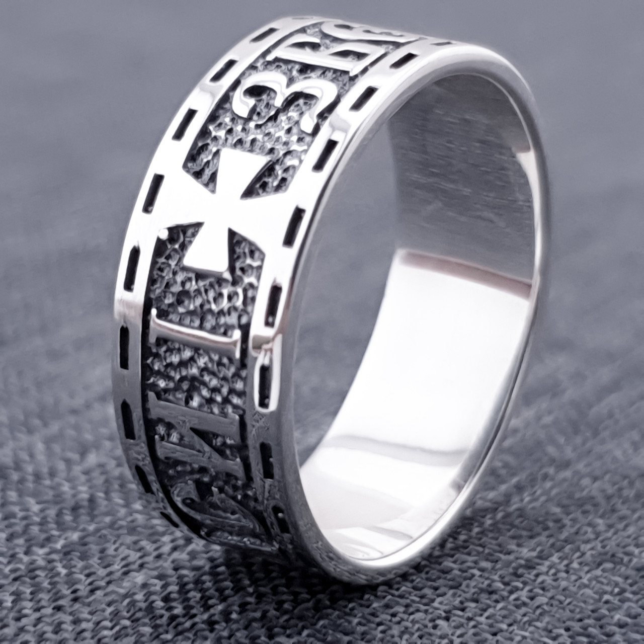 Срібне кільце оберіг Спаси і Збережи. Чорнене срібло 925 розмір 21, фото 1