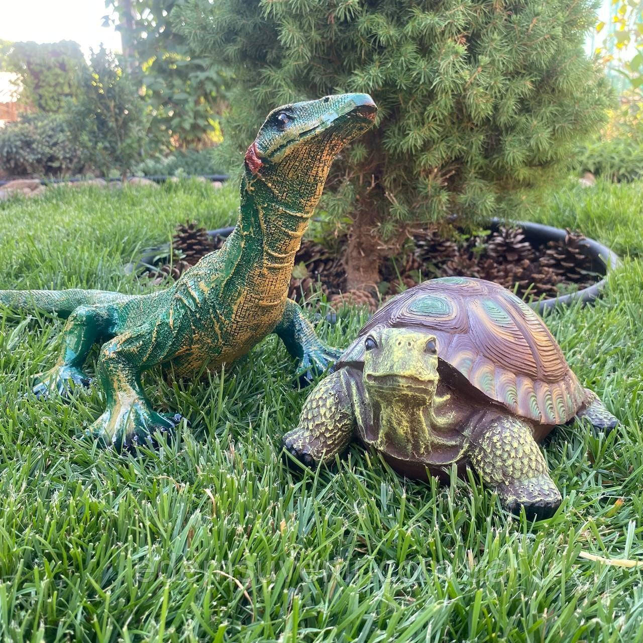Комплект садових фігур Варан (53×20×19 см) та Черепаха (22×16×10 см) — декоративні фігури з полістоуну