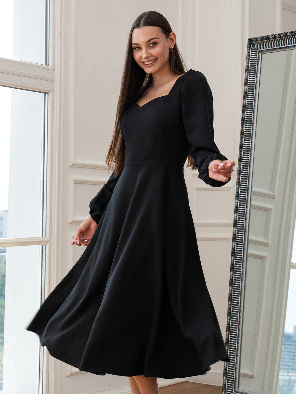 Витончене та елегантне вечірнє жіночне плаття Marian з довгим рукавом, чорне, фото 1