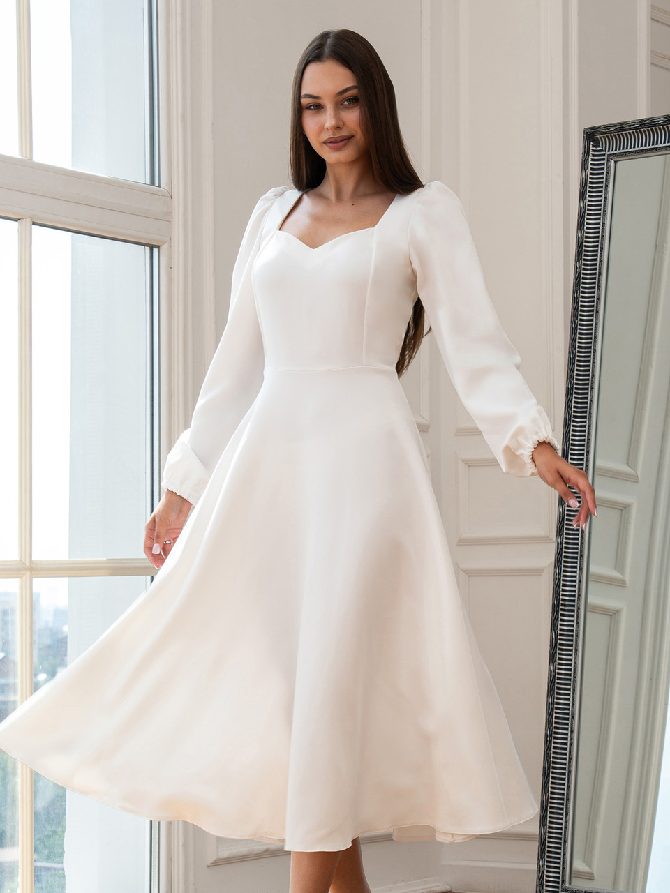 Витончене та елегантне вечірнє жіночне плаття Marian з довгим рукавом, молочно-біле, фото 1