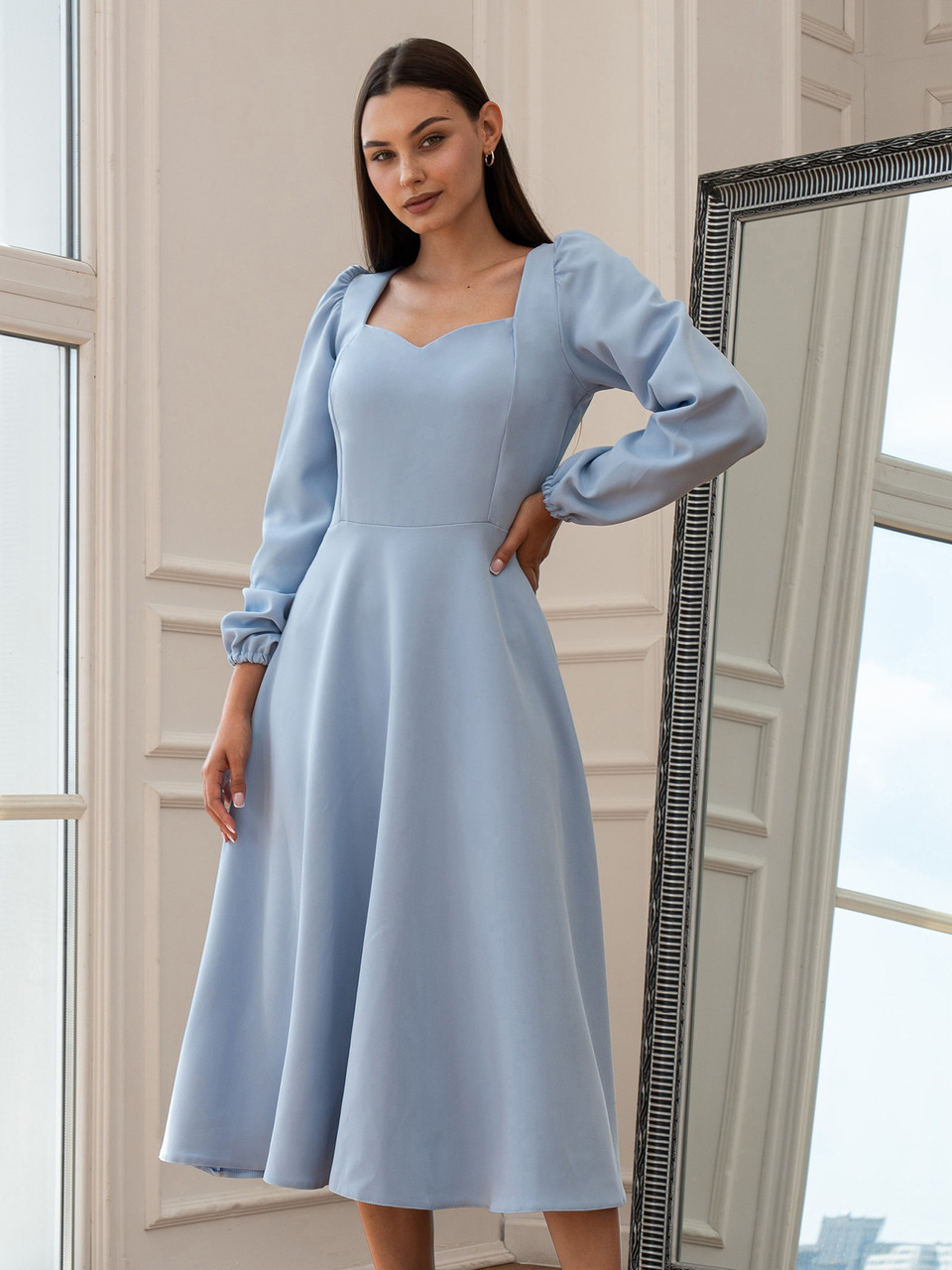 Витончене та елегантне вечірнє жіночне плаття Marian з довгим рукавом, блакитне, фото 1