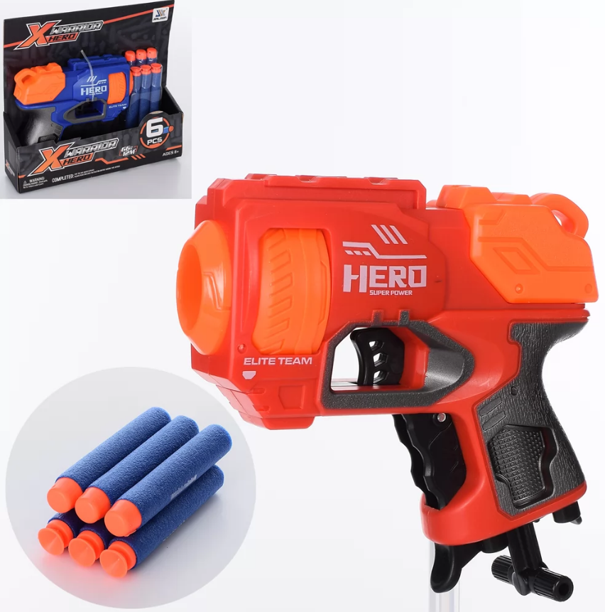 Пістолет 13см,м'які кулі присоски 6шт,в кор-ці,19х18х5см №JLX7233(36), фото 1