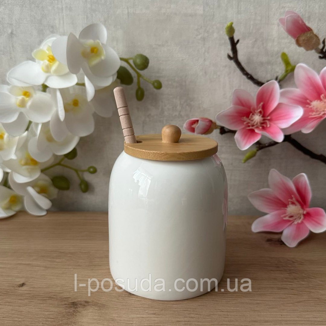 Медовниця порцелянова з бамбуковою кришкою та ложкою 380мл, фото 1
