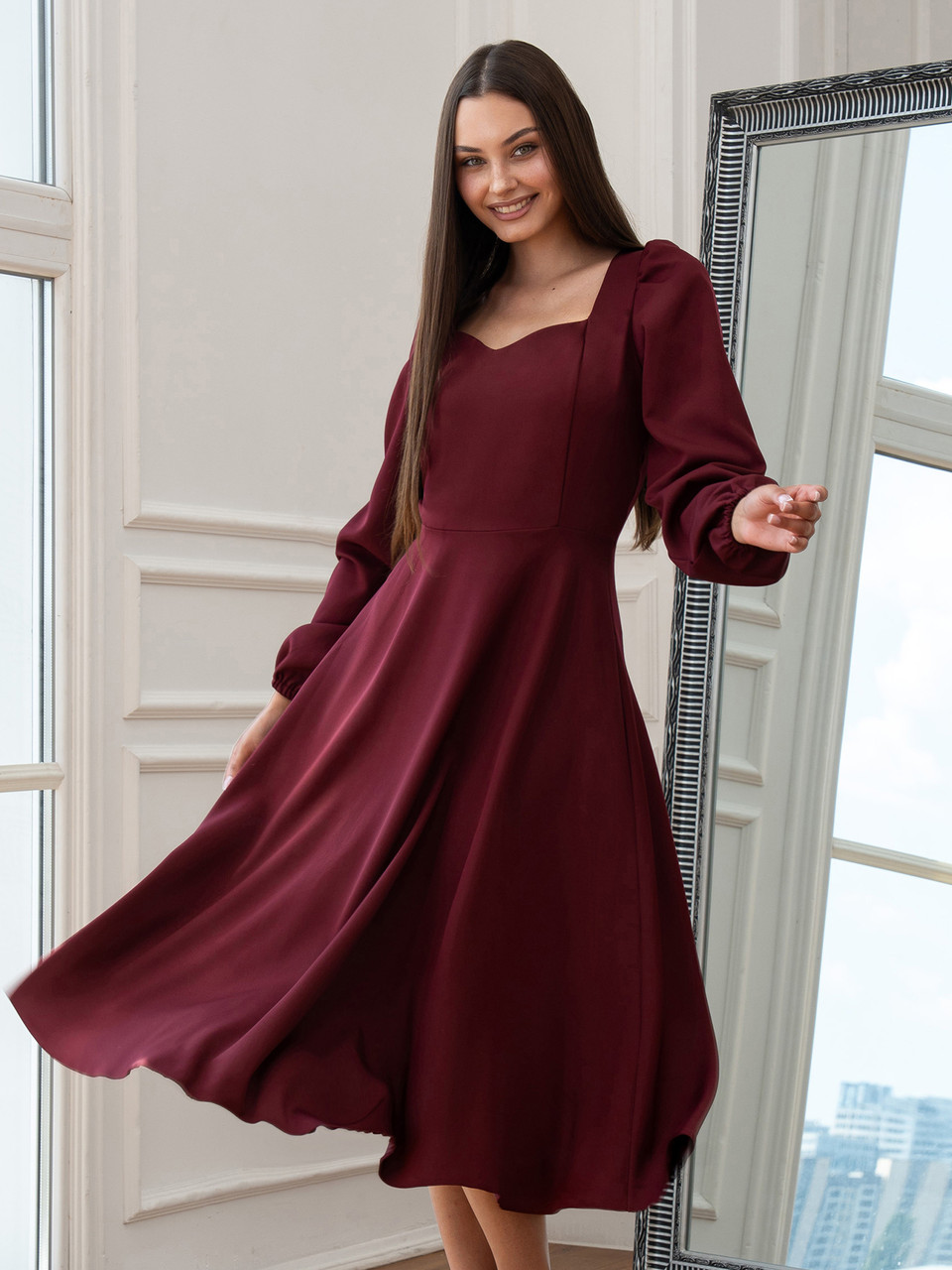 Класичне витончене стримане жіноче вечірнє плаття-міді Marian, бордове, фото 1