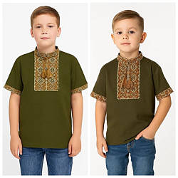 Дитяча лляна вишиванка для хлопчика з коротким рукавом Козачок (хакі), розміри  26 - 42 на рости 104 - 146