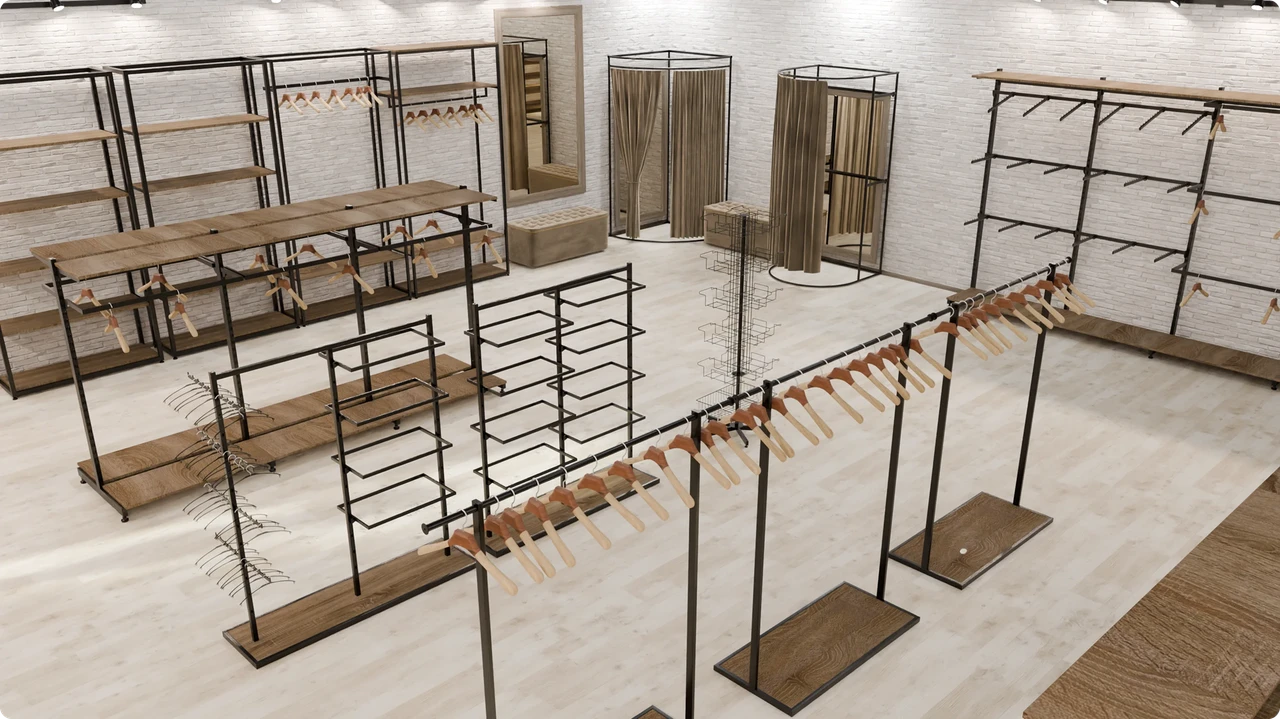 Візуалізація різних варіантів стійок для магазину одягу Візуалізація різних варіантів стійок для магазину одягу