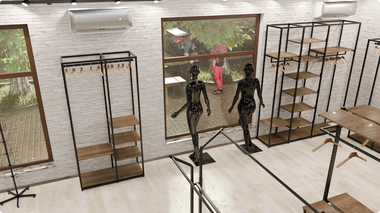 Візуалізація різних варіантів стійок для магазину одягу Візуалізація різних варіантів стійок для магазину одягу