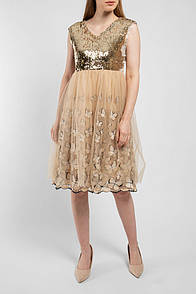 Сукня жіноча святкова за коліно з паєтками і фатіном бежева MKKSD8011