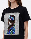 Футболка чорна з принтом "Коса"  NORA KVITTIN MKNK460505-3, фото 2