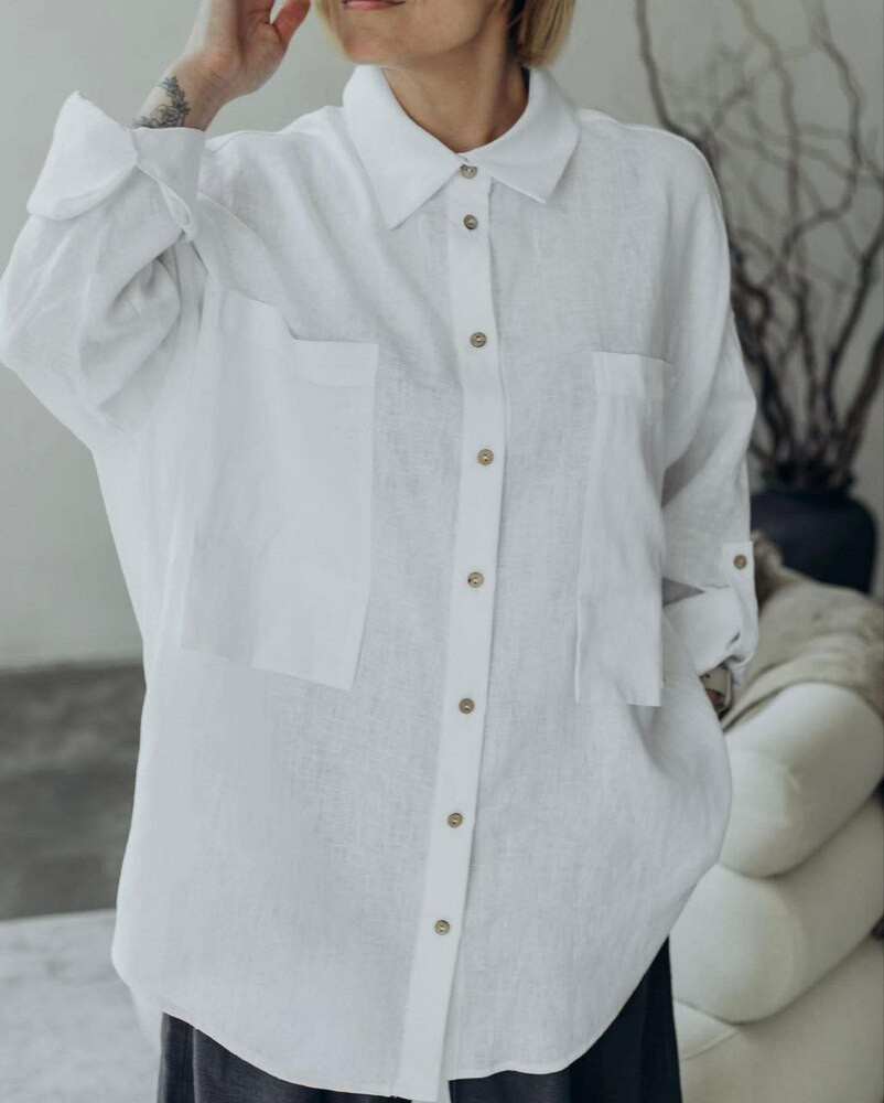 Сорочка біла лляна з накладними кишенями KAPTSOVA MKKS9049-2, фото 1