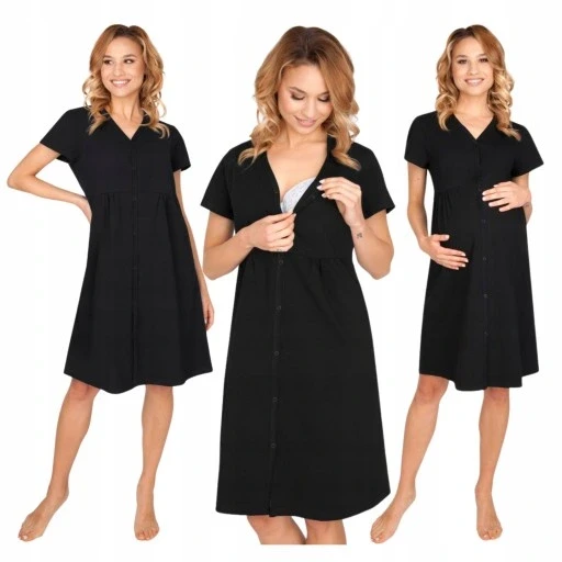 Нічна сорочка для вагітних для пологів і годування розпінана на всю довжину чорна бавовна розмір Xl, фото 1