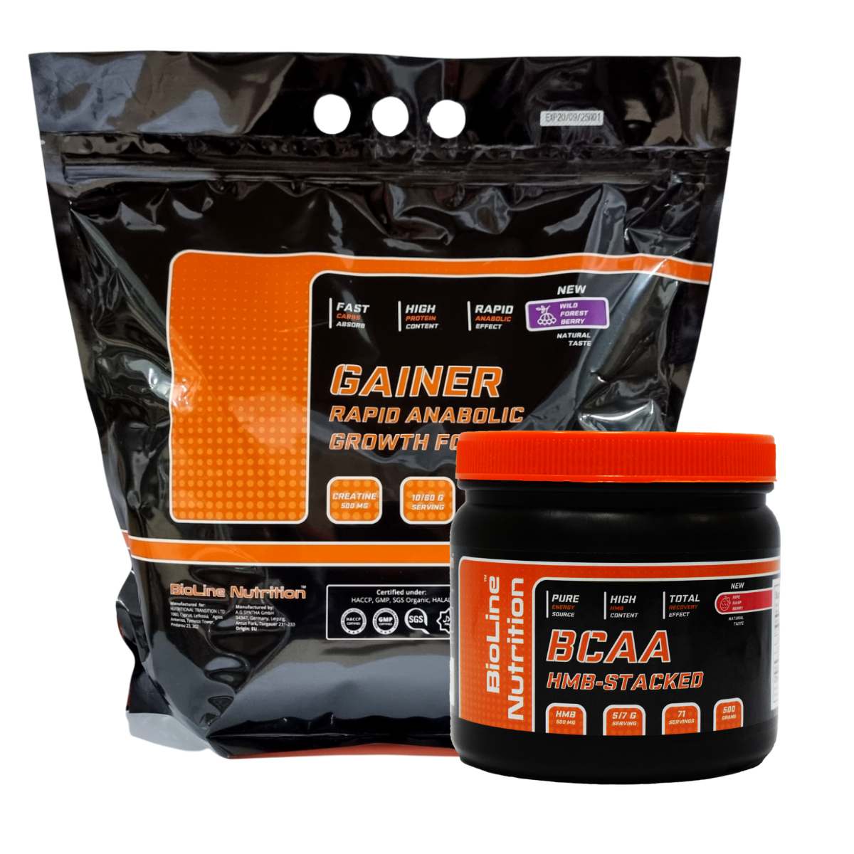 Набір: Гейнер 3 кг смак лісова ягода + Амінокислоти BCAA 500 г Bioline Nutrition (Німеччина), фото 1