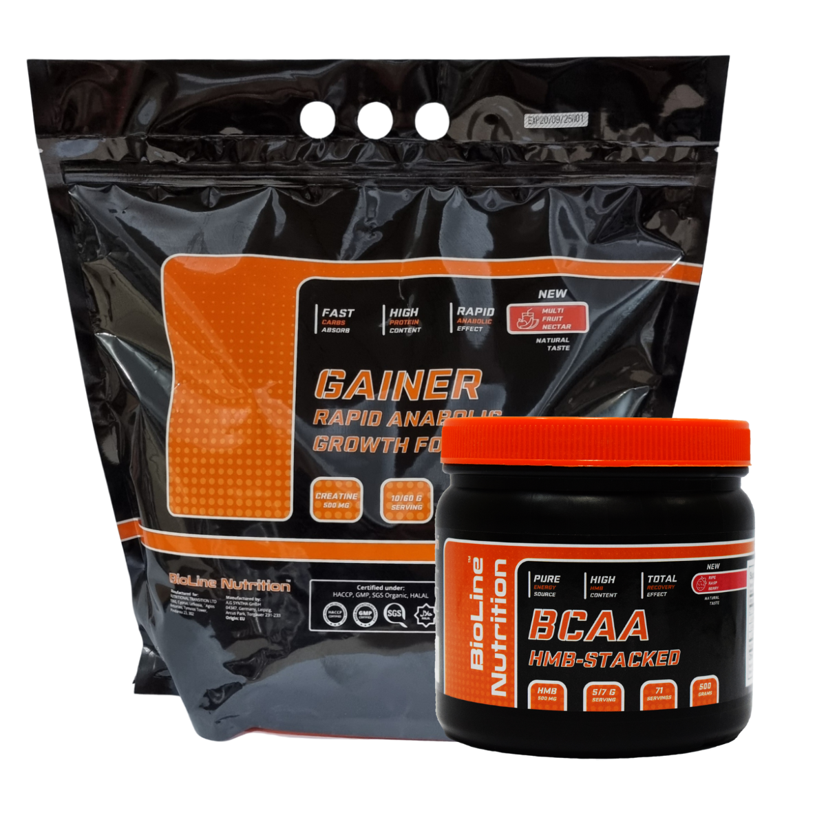 Набір: Гейнер 3 кг смак мультифрукт + Амінокислоти BCAA 500 г Bioline Nutrition (Німеччина), фото 1