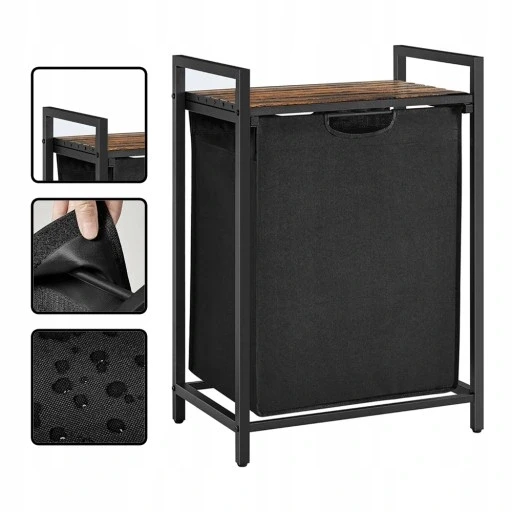 Вільностоячий кошик для білизни з полицею 65л чорний контейнер вінтажний, фото 1