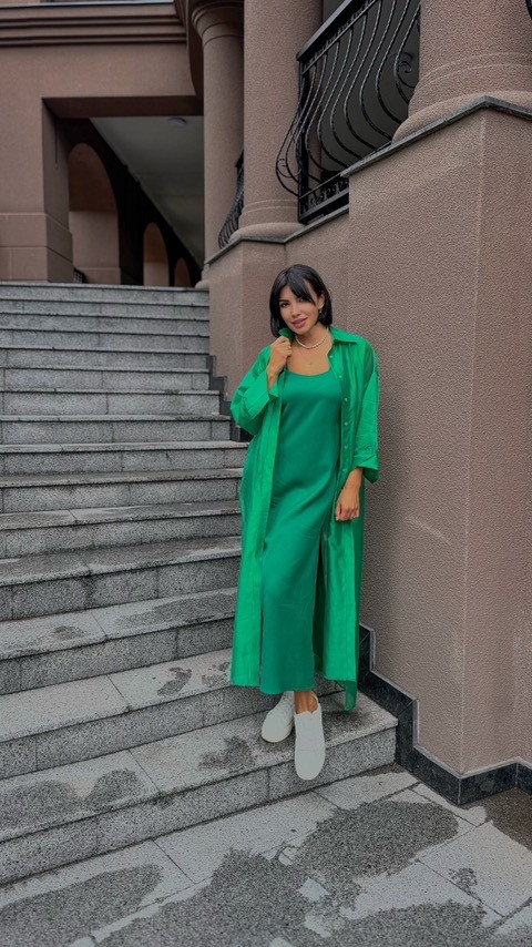 Костюм зелений з сукнею і прозорим кардиганом MKNK3005-1, фото 1