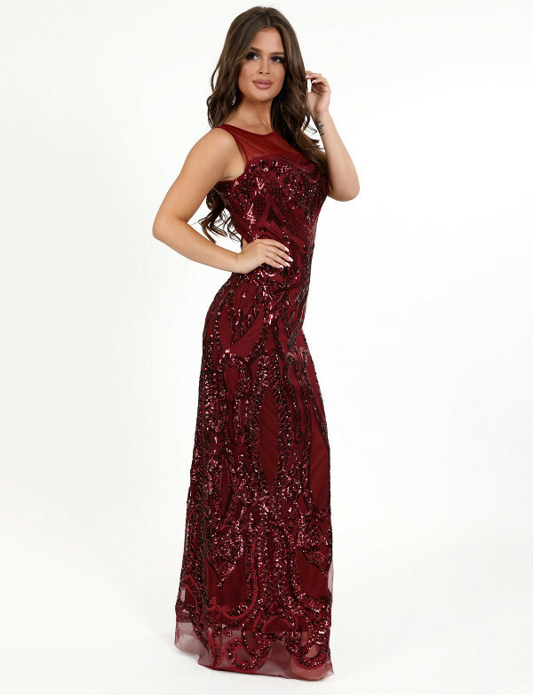 Плаття вечірнє жіноче в паєтки максі бордове MKENG3032-1, фото 1
