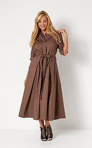 Жіноча сукня шоколадна міді з поясом і складками MALTA Modna KAZKA MKSN2245\1-04
