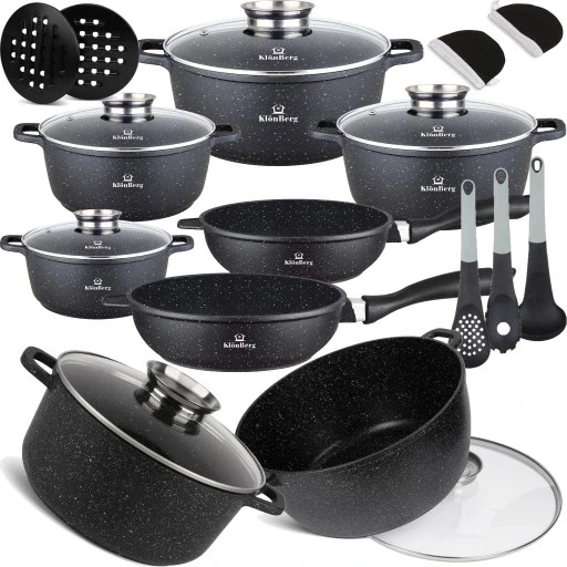 Набір мармурових каструль 17 елементів | комплект з пательнями індукція/газ, фото 1