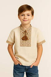Дитяча вишиванка для хлопчика з коротким рукавом Козачок (бежевий), розміри на рости 122 - 152