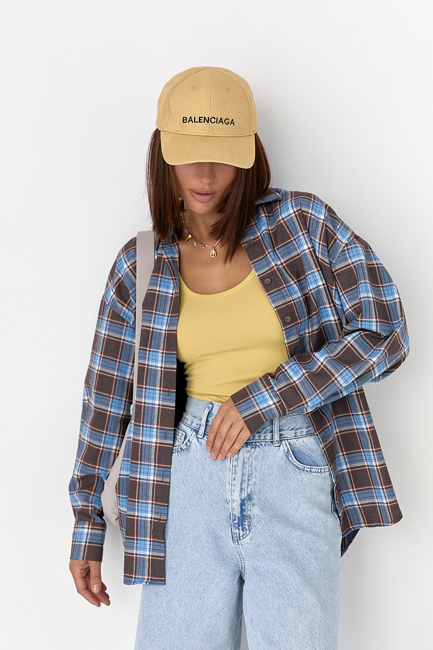 Сорочка в клітинку з подовженою спинкою - блакитний цвет, L (є розміри), фото 1