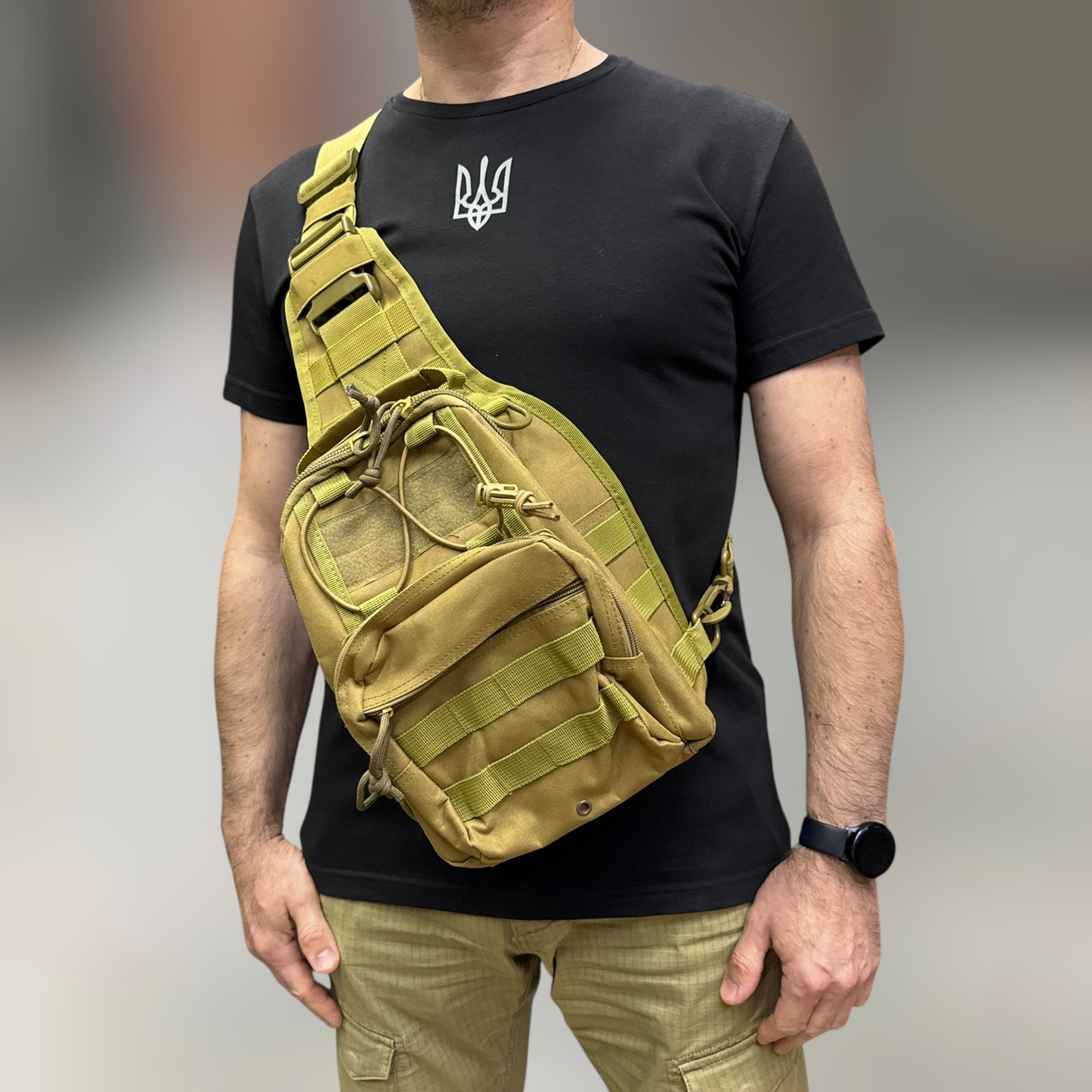 Сумка тактична на Моллі через плече Yakeda, Койот, підсумок тактичний з ременем через плече, фото 1