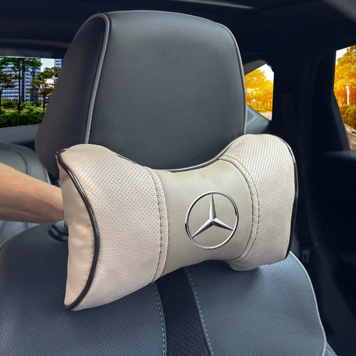 Подушка в авто з логотипом Mercedes-Benz Антара-Екошкіра Чорно-сіра 1 шт. Mercedes-Benz, Універсальні, фото 1