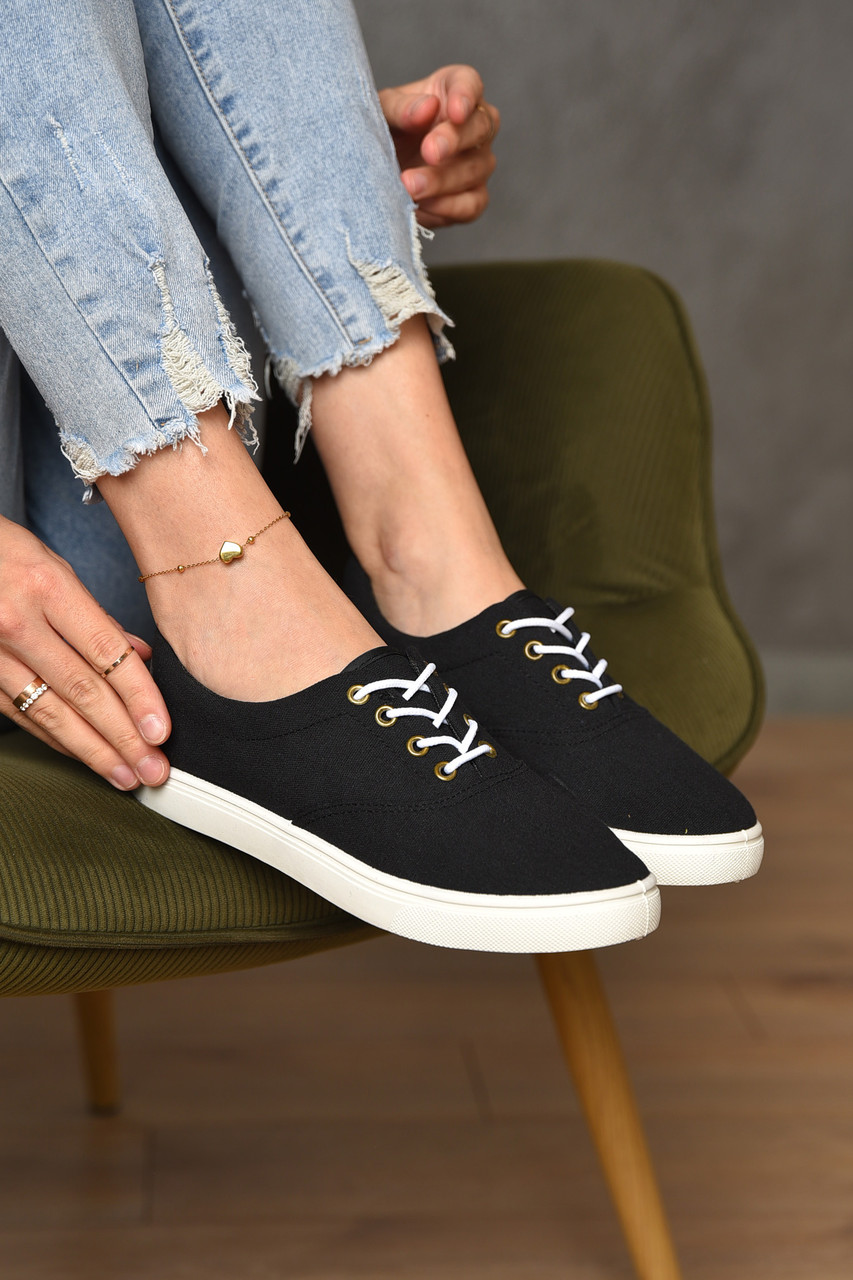 Мокасини жіночі чорного кольору на шнурівці текстиль 172738T Безкоштовна доставка, фото 1