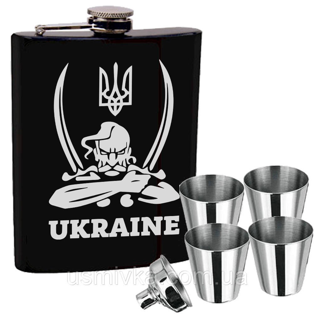 Набір фляга з гравіюванням "Ukraine" + чотири склянки + лійка US-145U4, фото 1