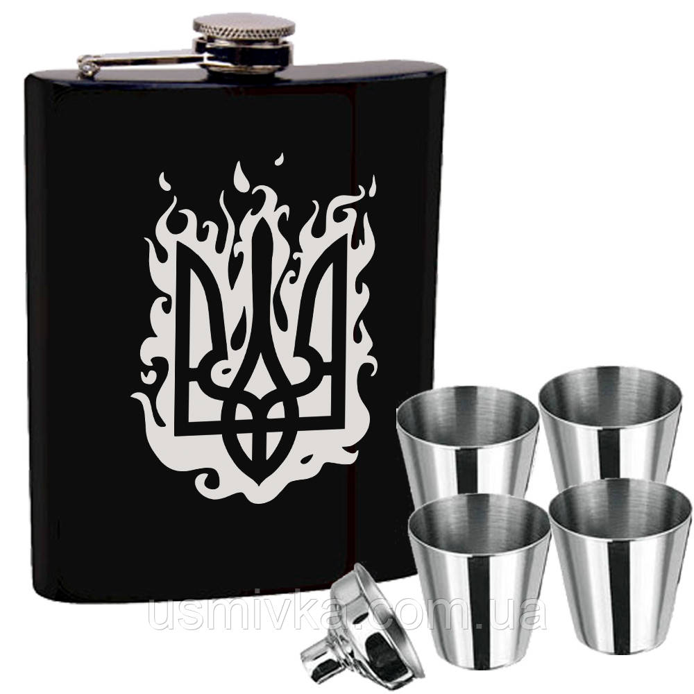 Набір фляга з гравіюванням "Ukraine" + чотири склянки + лійка US-145U4, фото 1