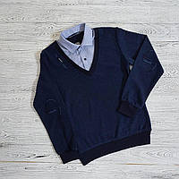 Серая, синяя обманка свитер 9-16 лет на мальчика, школьная кофта рубашка подростковая, детские обманки в школу