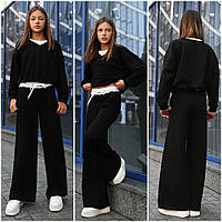 Спортивный костюм на девочку кофта и прямые широкие брюки палаццо подростковый черный костюм для девочки 9-14