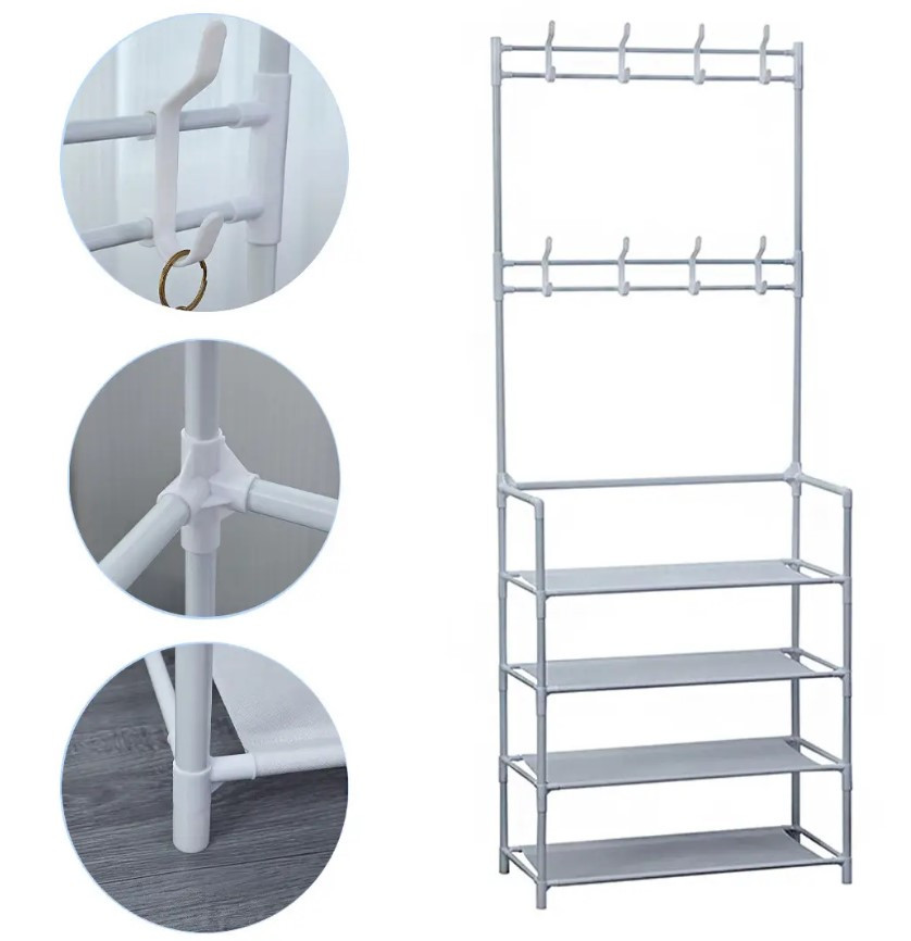 Металева вішалка з полицями та гачками для одягу й взуття Білий, фото 1