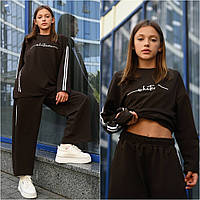 Спортивный модный костюм на девочку с лампасами оверсайз свободная кофта и прямые широкие брюки 9-14