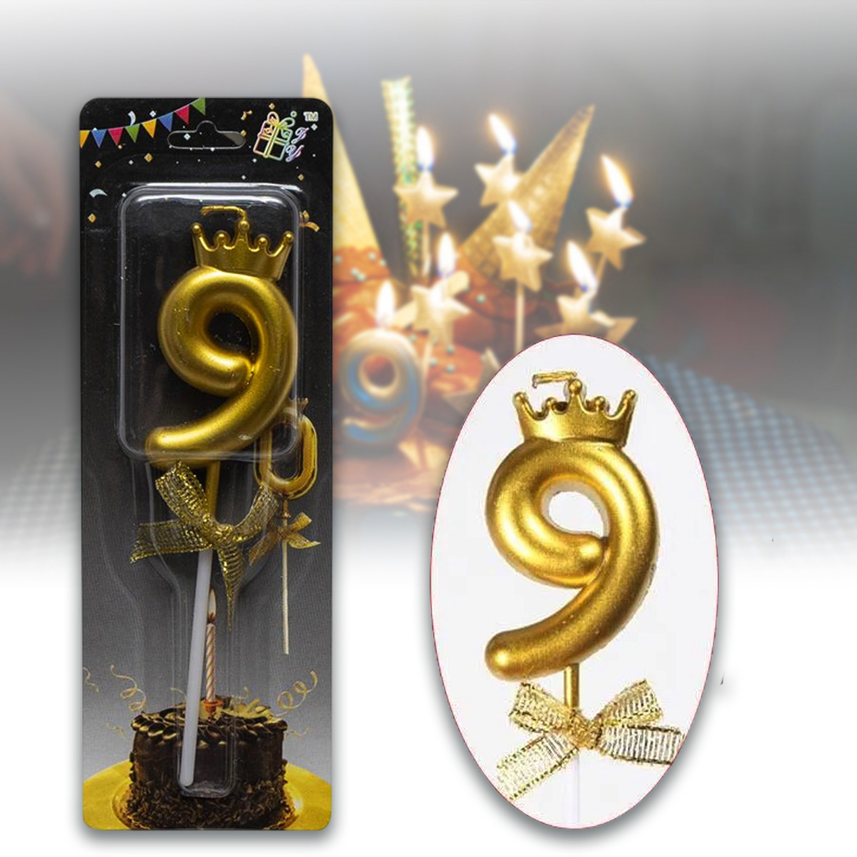 Свічка у вигляді цифри з короною номер 9 та бантиком JY-1064 Святкова свічка на торт в упаковці 12 шт, фото 1
