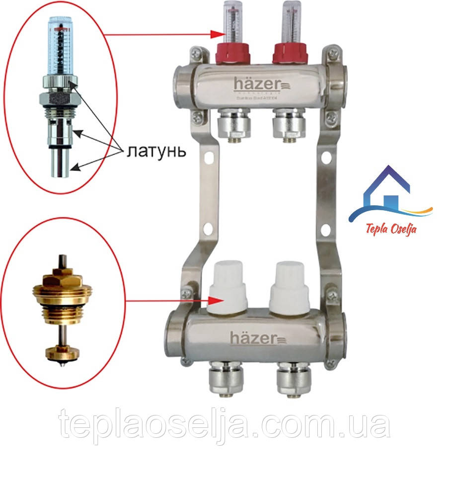Колектор для теплої підлоги нержавіючий матовий HAZER HRS-302/02 1", на 2 виходи, фото 1