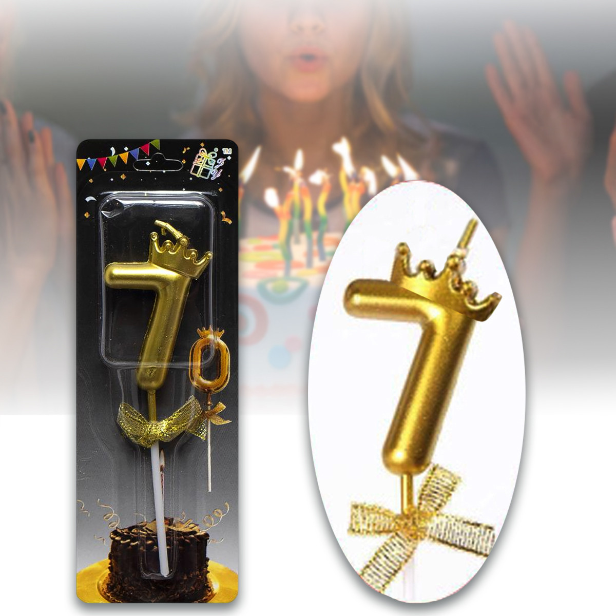 Свічка у вигляді цифри з короною номер 7 та бантиком JY-1064 Святкова свічка на торт в упаковці 12 шт, фото 1