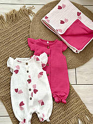 Набір для дівчаток 2 ромпери та плед з мусліну (різні кольори)