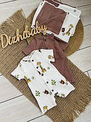 Набір для хлопчиків 2 ромпери та плед з мусліну Жирафи коричневий/ білий