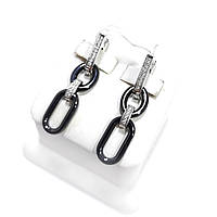 Срібні сережки-підвіски з чорною керамікою та фіанітом (куб. цирконієм) Со202