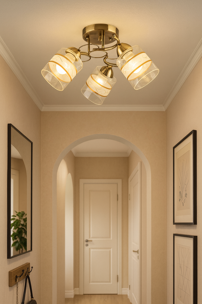 Люстра стельова 3-х лампова бронзова на невисоку стелю в спальню, кухню, фото 1