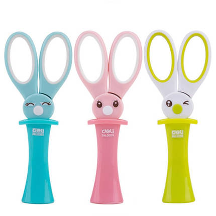 Ножиці Deli 6065 мікс 13см пл/р дитячі з гумовими вставками "Заєць в капелюсі", фото 2