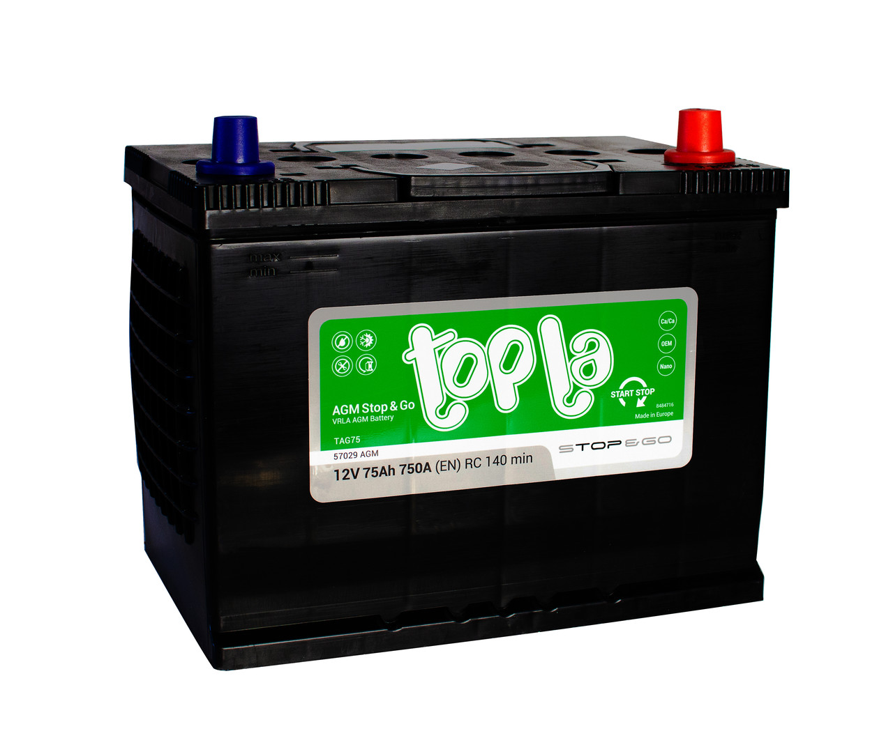 Автомобільний акумулятор Topla AGM JIS Euro 12В 75Ач 750А(EN) R+ 114 120, фото 1
