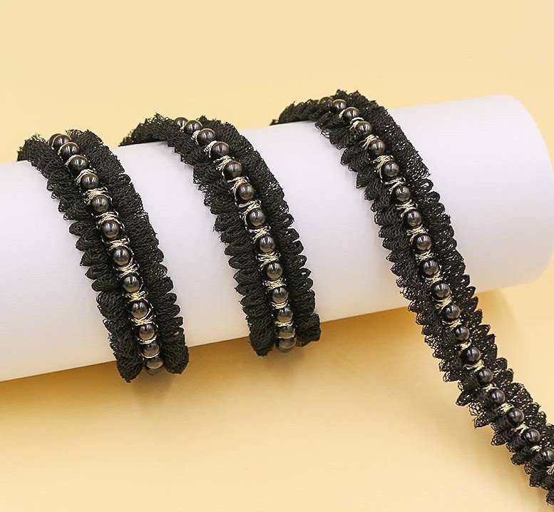 Тесьма декоративна / З перлами / 2см * 6мм / 1 метр / Чорний, фото 1