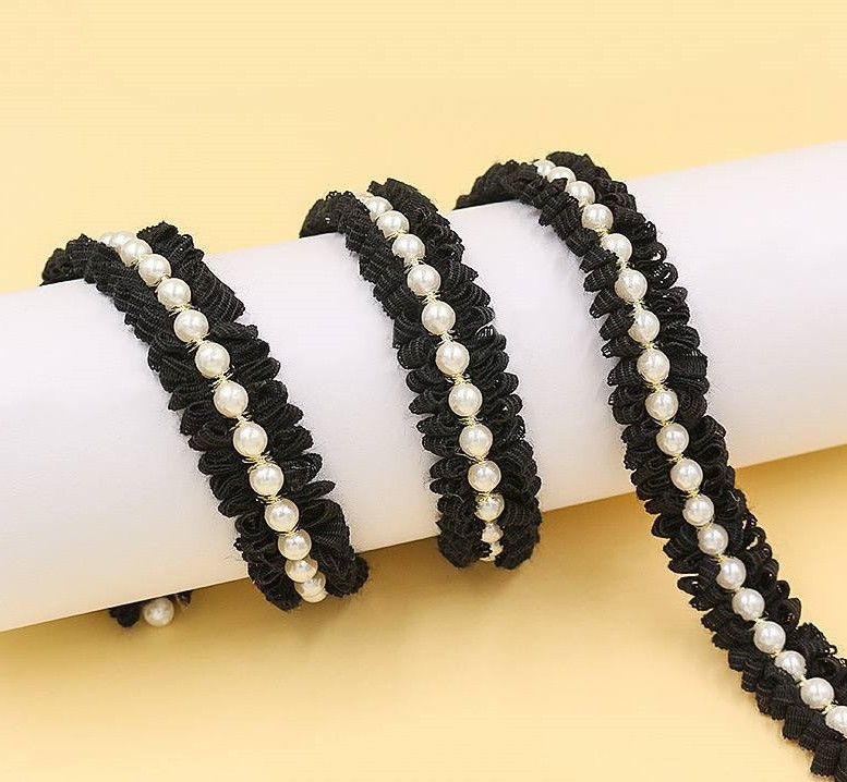 Тесьма декоративна / З перлами / 2см*6мм / 1 метр / Чорний з білими перлами, фото 1