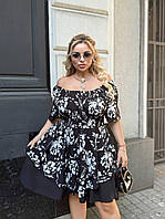 Красивый цветочный комбинезон-ромпер с двойным пышным низом и приоткрытыми плечами, батал большие размеры