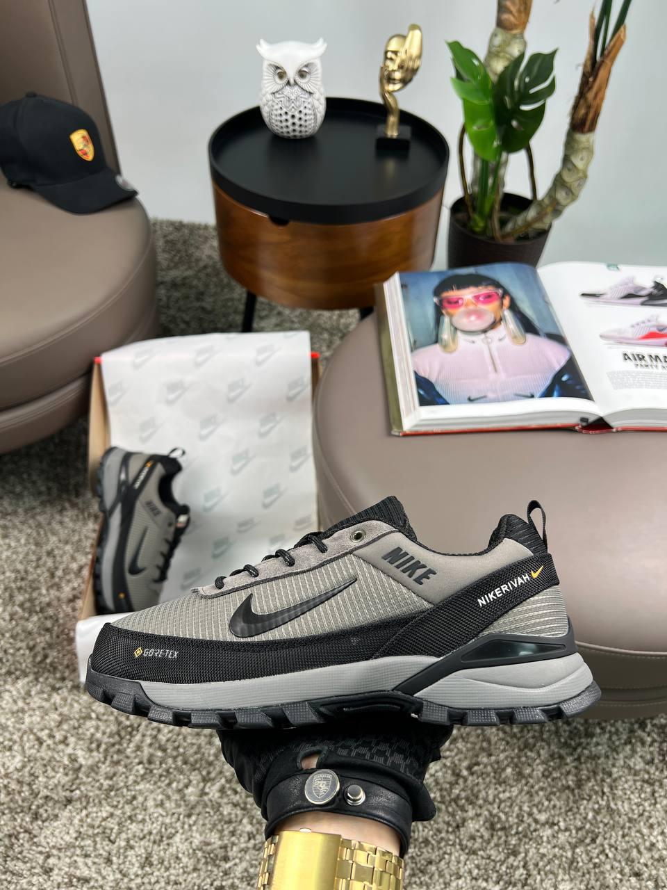 Чоловічі текстильні шкіра кросівки Nike Rivah Khaki Black, кеди Найк текстиль шкіра хакі. Чоловіче взуття