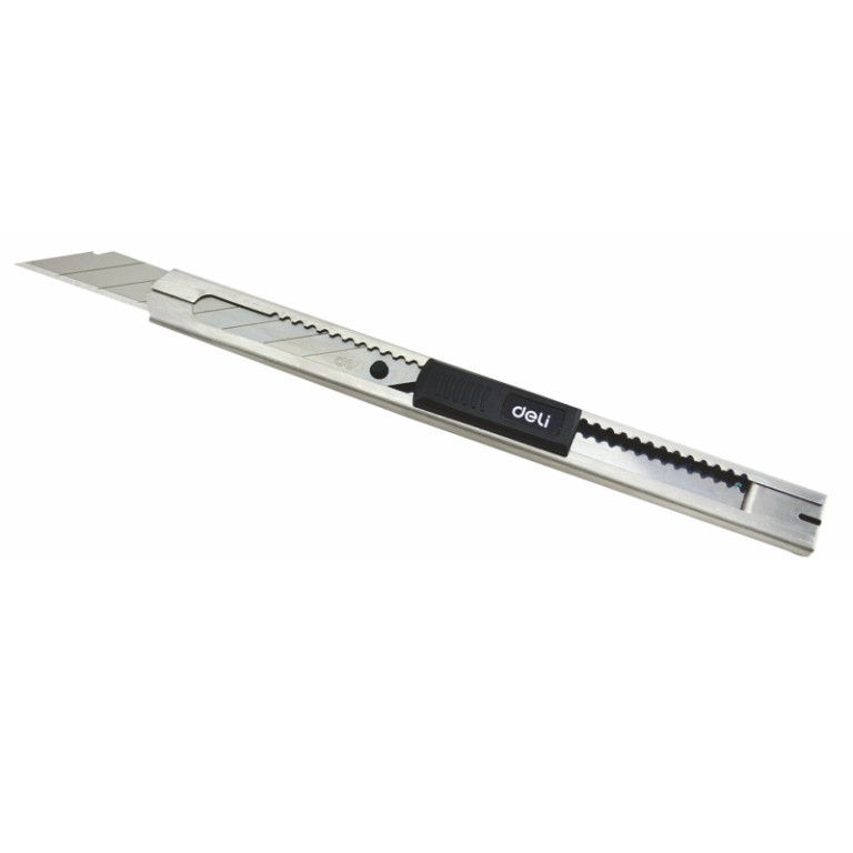 Ніж канцелярський Deli 2034 срібний, 9 мм, метал корпус, 30 градусів заточення леза