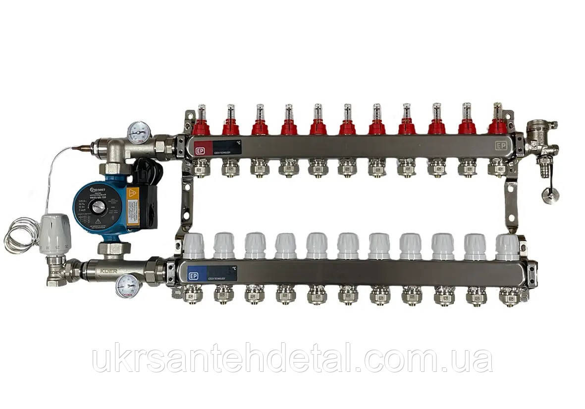Колектор з насосом на 11 виходів для теплої підлоги в зборі на 11 контурів EUROPRODUCT KOER, фото 1