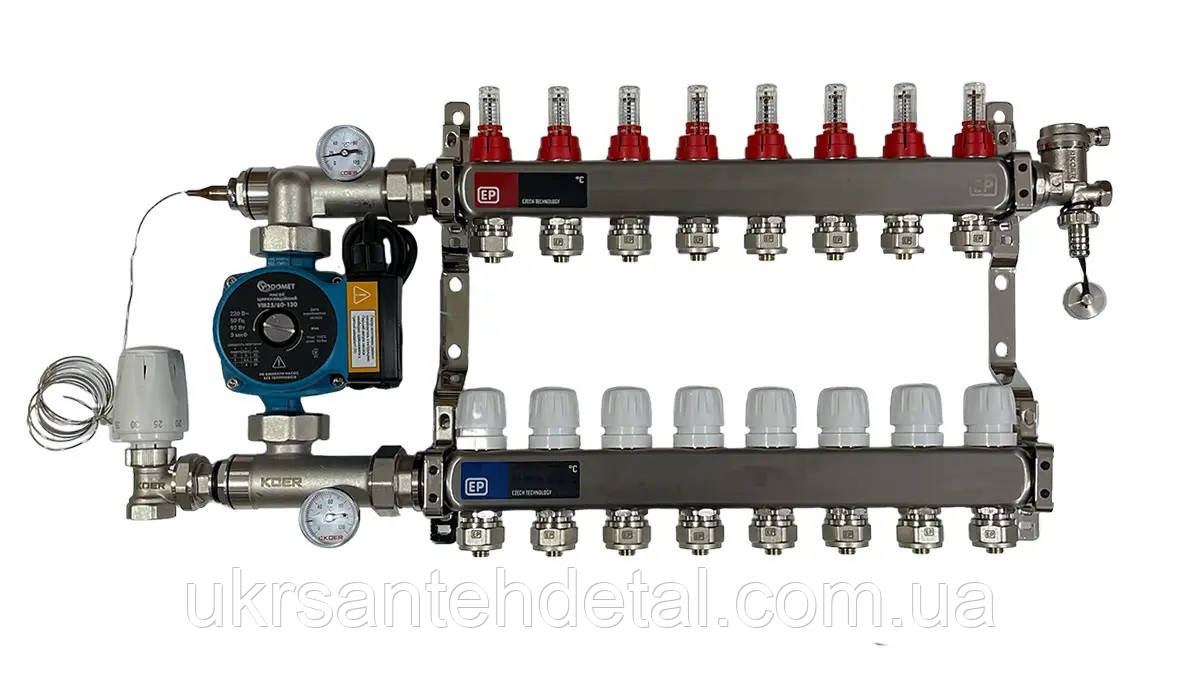 Колектор з насосом на 8 виходів для теплої підлоги в зборі на 8 контурів EUROPRODUCT KOER, фото 1
