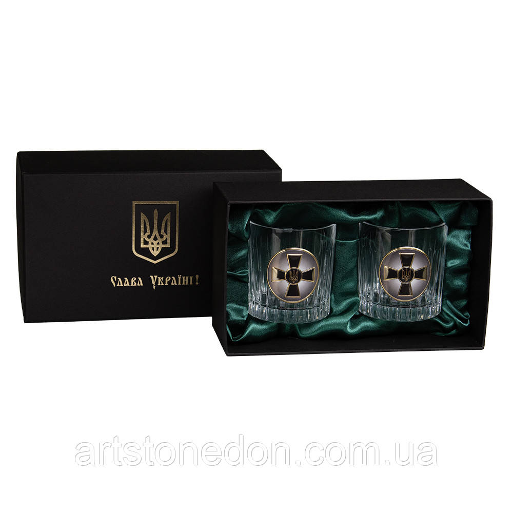 Набір келихів для віскі "Армійський" – 2 келихи з кришталю 360 мл, військова символіка зі срібла, фото 1